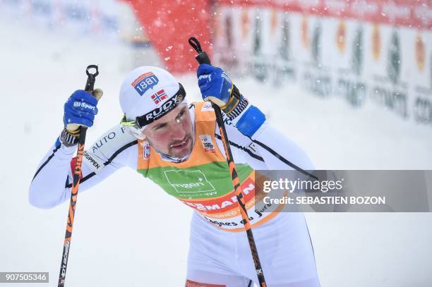 Norwegian skier Jan Schmid looks on at the end of the individual Gundersen of the FIS Nordic Combined World Cup, on January 20, 2018 in Chaux-Neuve,...