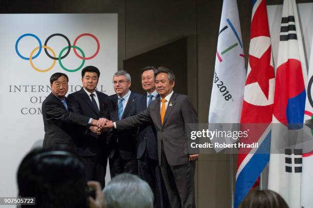 Delegates of both countries shakes hands prior signing the declaration. From the left Mr. Hee Beom Lee,President of the Pyeongchang Organizing...