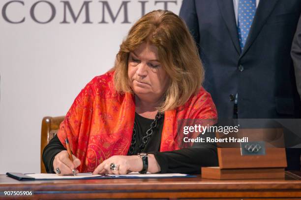 Mrs. Gunilla Lindberg, Sweden, Chair of the Coordination Commission Pyeongchang 2018 signs the declaration on January 20, 2018 in Pully, Switzerland....