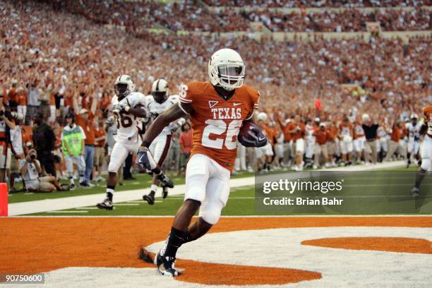 Monroe of the Texas Longhorns returns a kickoff for a touchdown against the Louisiana Monroe Warhawks on September 5, 2009 at Darrell K Royal-Texas...