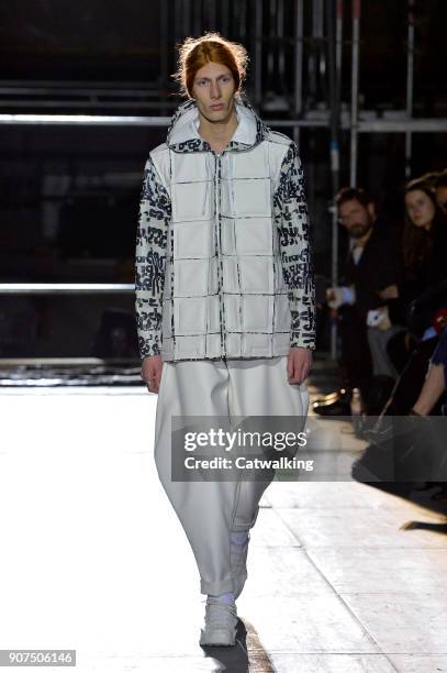 Model walks the runway at the Comme Des Garcons Homme Plus Autumn Winter 2018 fashion show during Paris Menswear Fashion Week on January 19, 2018 in...