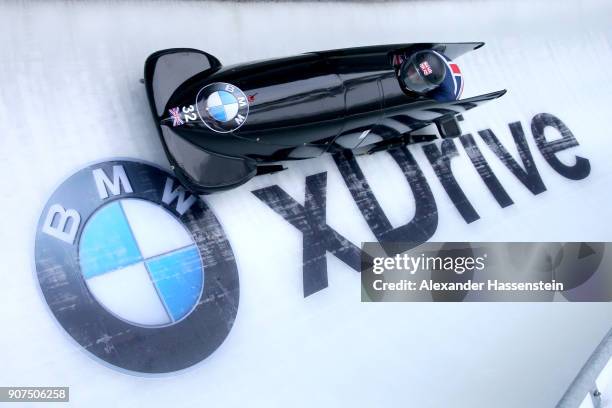 Bradley Hall and Samuel Blanchet of Great Britain compete at Deutsche Post Eisarena Koenigssee during the BMW IBSF World Cup two-man Bobsleigh World...