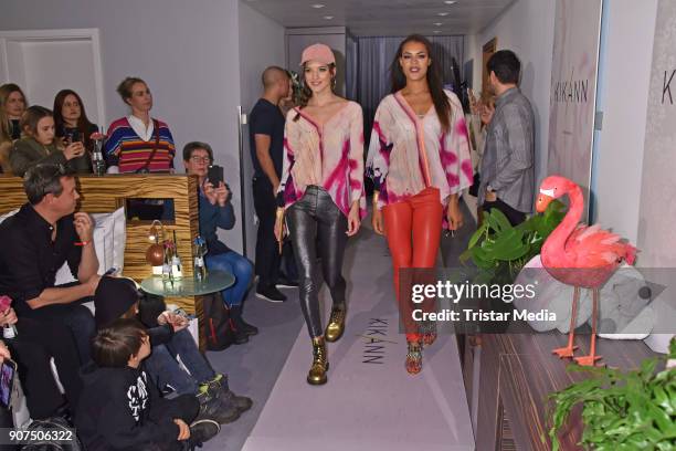 Models walk the runway during KIK/ANN fashion show on the smallest catwalk of the world at Art'Otel Mitte on January 19, 2018 in Berlin, Germany.