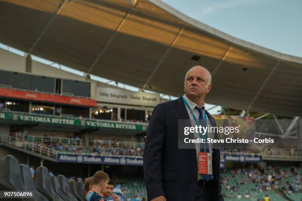 Graham Arnold ofv Sydney FC waves to the crowd before the round 17 A-League match between Sydney FC and the Central Coast Mariners at Allianz Stadium...