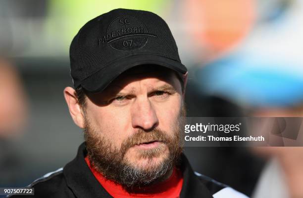 Coach Steffen Baumgart of Paderborn reacts prior the 3. Liga match between Chemnitzer FC and SC Paderborn 07 at community4you ARENA on January 20,...