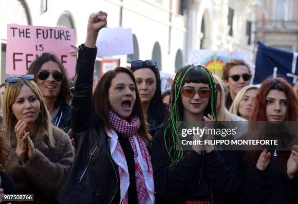 Italian actress Asia Argento and her daughter Anna Lou Castoldi attend the Rome Resists demonstration part of the Women's March in downtown Rome, on...