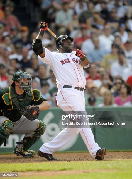 David Ortiz of the Boston Red Sox at bat against the Oakland Athletics at Fenway Park on July 30, 2009 in Boston, Massachusetts The Red Sox defeated...