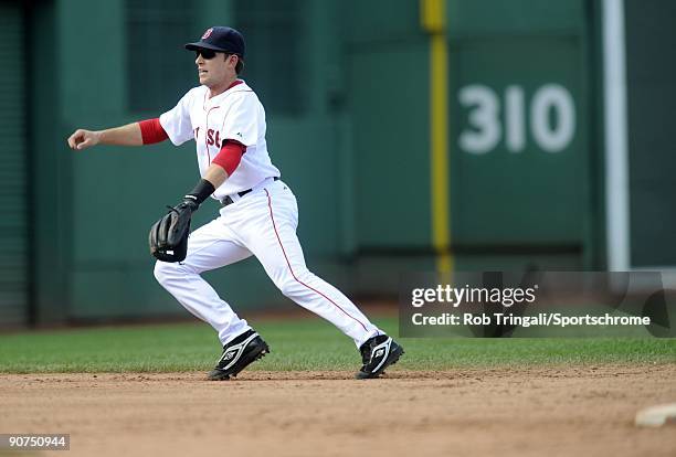 Nick Green of the Boston Red Sox at shortstop during the game against the Oakland Athletics at Fenway Park on July 30, 2009 in Boston, Massachusetts...