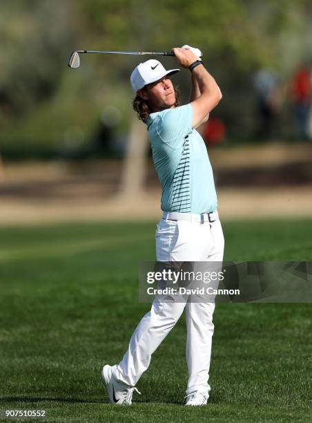 Kristoffer Broberg of Sweden plays his second shot on the 16th hole during the third round of the 2018 Abu Dhabi HSBC Golf Championship at the Abu...