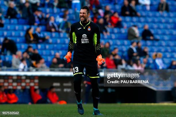 Espanyol's Spanish goalkeeper Diego Lopez reacts during the Spanish league football match between RCD Espanyol and Sevilla FC at the RCDE Stadium in...