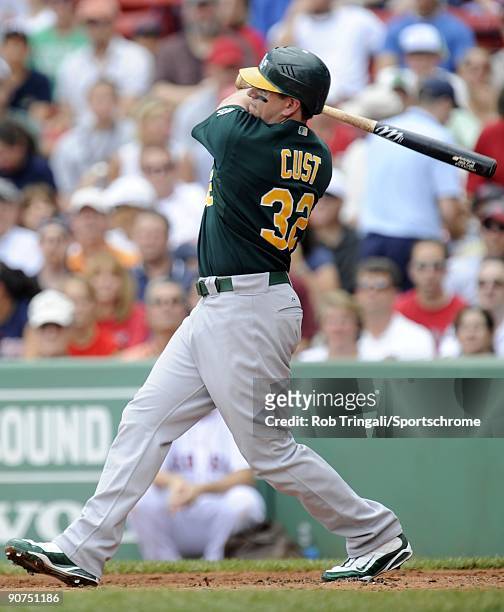 Jack Cust of the Oakland Athletics at bat against the Boston Red Sox at Fenway Park on July 30, 2009 in Boston, Massachusetts The Red Sox defeated...