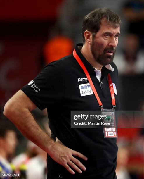 Veselin Vujovic, head coach of Slovenia gestures during the Men's Handball European Championship main round match between Slovenia and Denmark at...