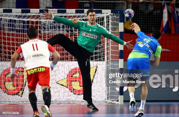 Niklas Landin, goalkeeper of Denmark in action during the Men's Handball European Championship main round match between Slovenia and Denmark at...