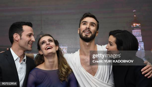 France's Gabriella Papadakis and Guillaume Cizeron react after performing in their ice dance free dance at the ISU European Figure Skating...