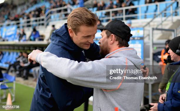 Coach David Bergner of Chemnitz and coach Steffen Baumgart of Paderborn react prior the 3. Liga match between Chemnitzer FC and SC Paderborn 07 at...