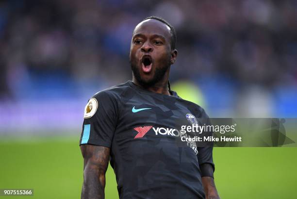 Victor Moses of Chelsea celebrates scoring his side's fourth goal during the Premier League match between Brighton and Hove Albion and Chelsea at...