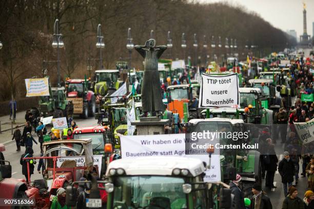 People march to demonstrate against the agro-industry on January 20, 2018 in Berlin, Germany. Marchers, whose protest is coinciding with the...