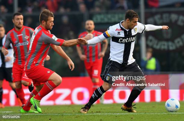 Emanuele Calaiò of Parma Calcio competes for the ball whit Michele Canini of US Cremonese during the serie B match between US Cremonese and Parma FC...