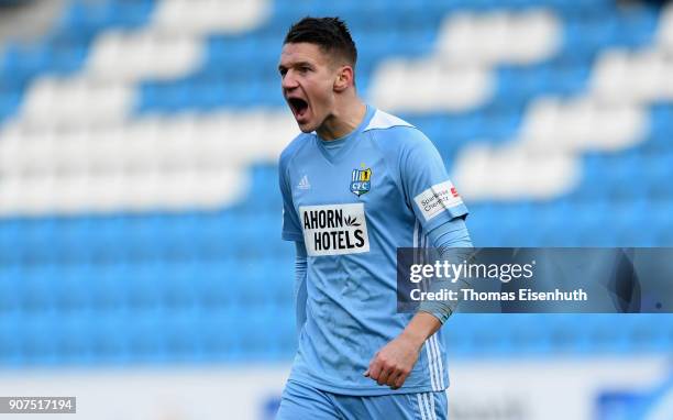 Daniel Frahn of Chemnitz reacts during the 3. Liga match between Chemnitzer FC and SC Paderborn 07 at community4you ARENA on January 20, 2018 in...