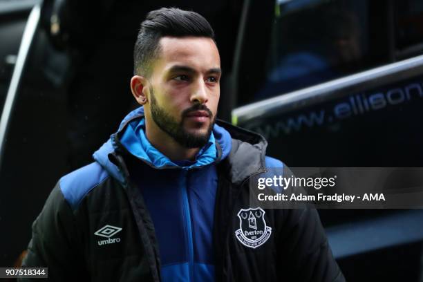 Theo Walcott of Everton arrives at the stadium prior to the Premier League match between Everton and West Bromwich Albion at Goodison Park on January...