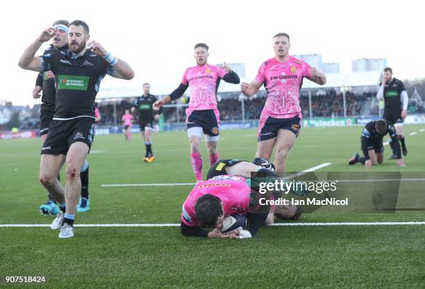 Ian Whitten of Exeter Chiefs scores his team's third try during the European Rugby Champions Cup match between Glasgow Warriors and Exeter Chiefs at...