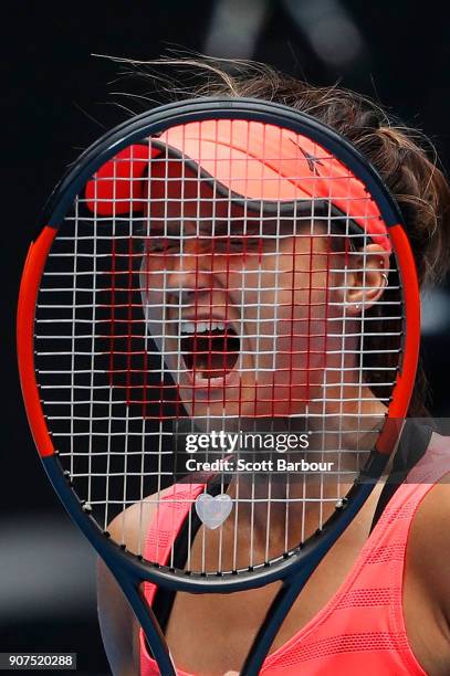 Lauren Davis of the United States reacts in her third round match against Simona Halep of Romania on day six of the 2018 Australian Open at Melbourne...