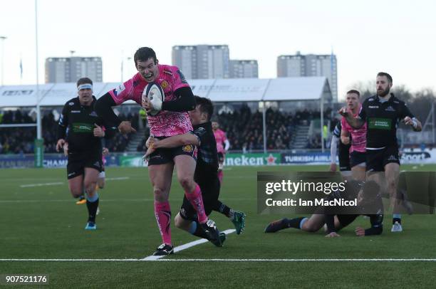 Ian Whitten of Exeter Chiefs scores his team's third try during the European Rugby Champions Cup match between Glasgow Warriors and Exeter Chiefs at...