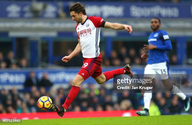Jay Rodriguez of West Bromwich Albion scores his sides first goal during the Premier League match between Everton and West Bromwich Albion at...