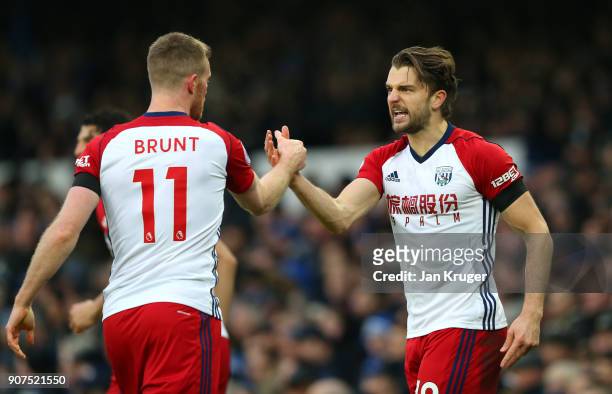Jay Rodriguez of West Bromwich Albion celebrates after scoring his sides first goal with Chris Brunt of West Bromwich Albion during the Premier...