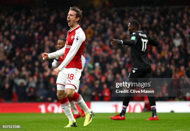 Nacho Monreal of Arsenal celebrates after scoring his sides first goal during the Premier League match between Arsenal and Crystal Palace at Emirates...