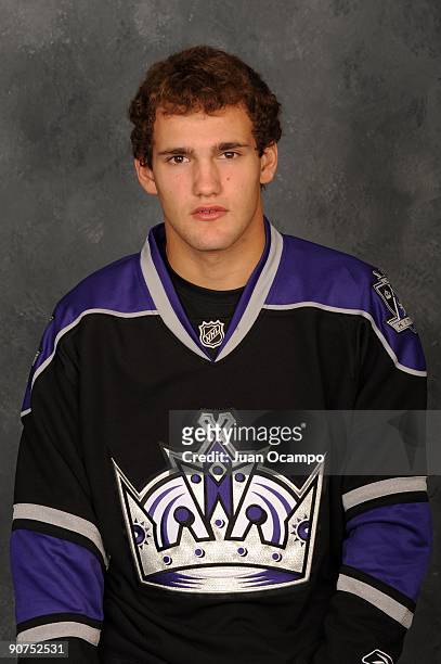 Linden Vey of the Los Angeles Kings poses for his official headshot for the 2009-2010 NHL season on September 12, 2009 at the Toyota Sports Center in...