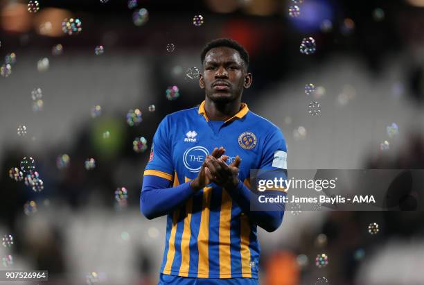 Aristote Nsiala of Shrewsbury Town during the Emirates FA Cup Third Round Repaly match between West Ham United and Shrewsbury Town at London Stadium...