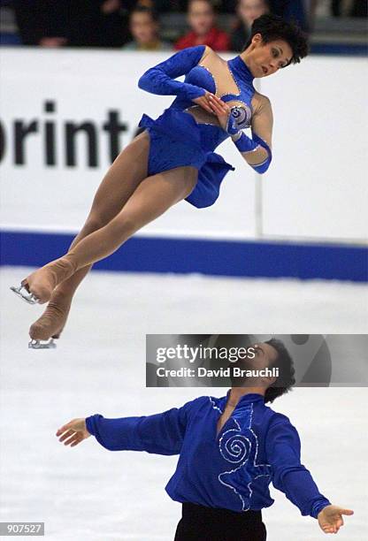 France's Sarah Abitbol flies through the air after being released by partner Stephane Bernadis during the Pairs Free Skating at the European Figure...