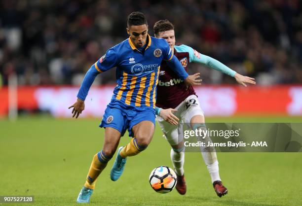 Max Lowe of Shrewsbury Town and Sam Byram of West Ham United during the Emirates FA Cup Third Round Repaly match between West Ham United and...