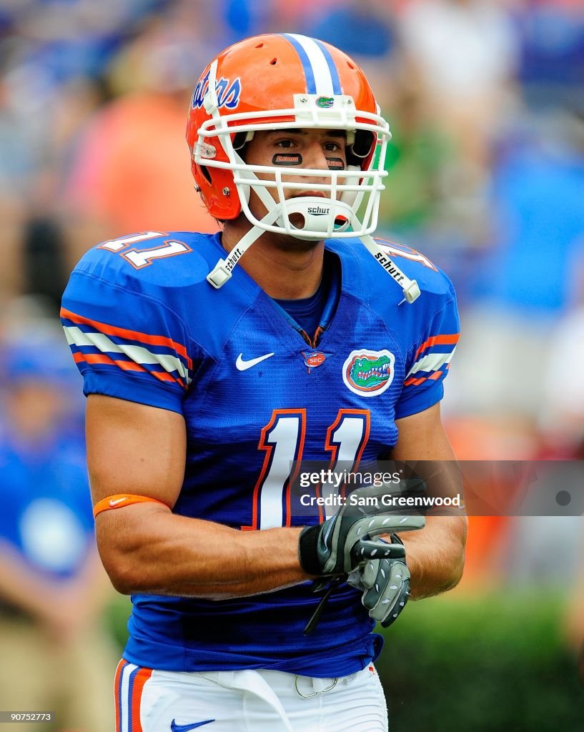 Troy Rider Florida Riley Cooper of the Florida Gators warms up prior to the game against ...