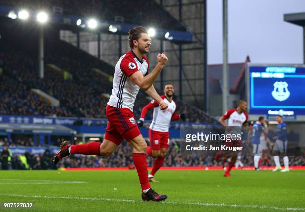 Jay Rodriguez of West Bromwich Albion celebrates after scoring his sides first goal during the Premier League match between Everton and West Bromwich...