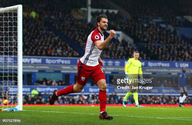 Jay Rodriguez of West Bromwich Albion celebrates after scoring his sides first goal during the Premier League match between Everton and West Bromwich...