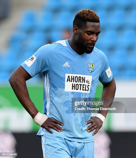 Emmanuel Mbende of Chemnitz reacts after the 3. Liga match between Chemnitzer FC and SC Paderborn 07 at community4you ARENA on January 20, 2018 in...