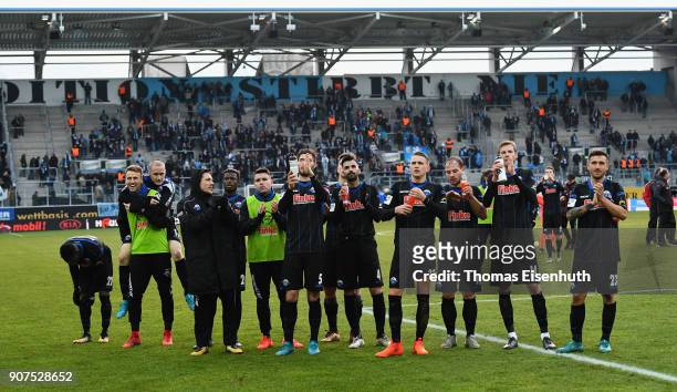 Players of Paderborn celebrate after the 3. Liga match between Chemnitzer FC and SC Paderborn 07 at community4you ARENA on January 20, 2018 in...