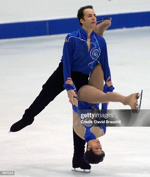 France's Sarah Abitbol is carried across the ice by partner Stephane Bernadis during the Pairs Free Skating at the European Figure Skating...