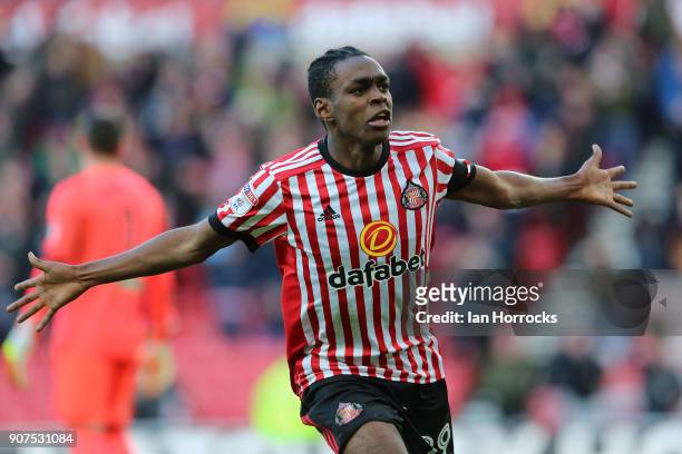 Joel Asoro of Sunderland celebrates after he scores the opening goal during the Sky Bet Championship match between Sunderland and Hull City at...