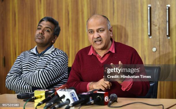 Deputy Chief Minister of Delhi Manish Sisodia addressing the media after Election commission disqualified AAP MLA's at CM Residence, on January 20,...