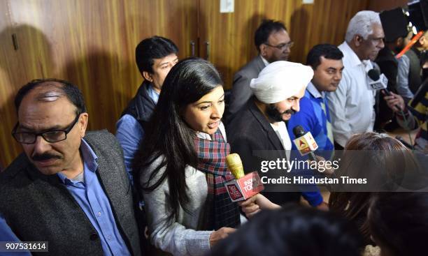 MLAs of Aam Aadmi Party during a press conference after a meeting with Delhi CM Arvind Kejriwal as Election commission disqualified AAP MLA's at CM...