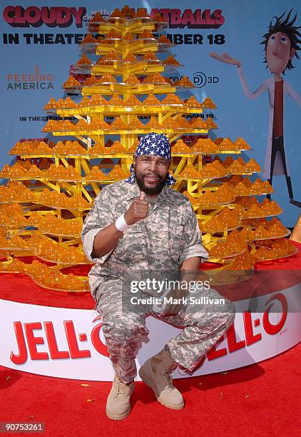 Actor Mr. T poses in front of a Jell-O Castle at Mann Village Theatre on September 12, 2009 in Westwood, Los Angeles, California.