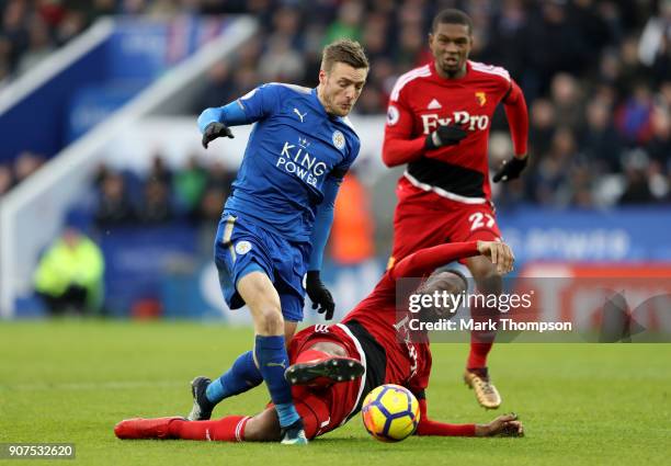 Marvin Zeegelaar of Watford fouls Jamie Vardy of Leicester City and a penalty is awarded to Leicester City during the Premier League match between...