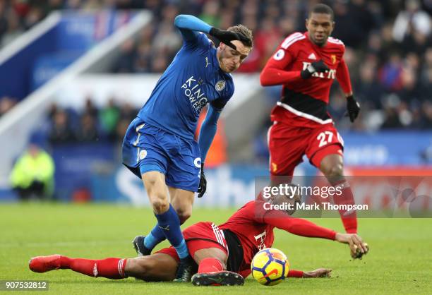 Marvin Zeegelaar of Watford fouls Jamie Vardy of Leicester City and a penalty is awarded to Leicester City during the Premier League match between...