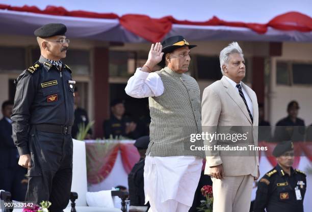 Union Home Minister Rajnath Singh with Rajiv Jain Director General Intelligence Bureau and Sudhir Pratap Singh, Director General of National Security...