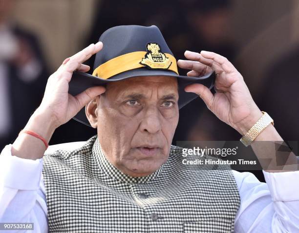 Union Home Minister Rajnath Singh during the closing ceremony of 8th All India Police Commando Competition at National Security Guard Campus Manesar,...