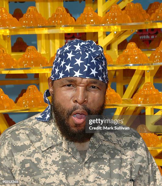 Actor Mr. T poses in front of a Jell-O Castle at Mann Village Theatre on September 12, 2009 in Westwood, Los Angeles, California.