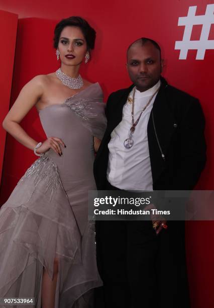 Miss World 2017 Manushi Chhillar with Fashion Designer Gaurav Gupta during the launch of Audi Q5 at GMR Grounds, Aerocity, on January 18, 2018 in New...